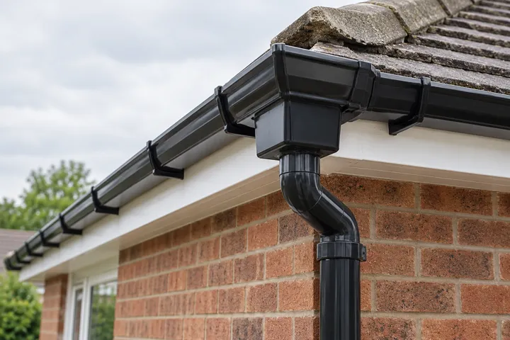 AI-generated illustrative example: Detailed view of black gutter corner and rainwater outlet leading into downpipe on a British house, physically plausible connections