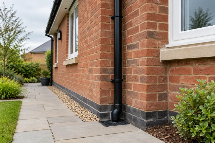 AI-generated illustrative example: Neatly fitted black rainwater downpipe on a red brick British house, realistic clips and connection into drain at ground