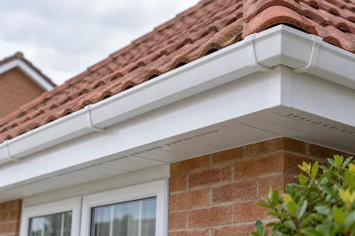 AI-generated illustrative example: Clean white uPVC fascia and ventilated soffit beneath terracotta tiled eaves, close-up showing tidy joins