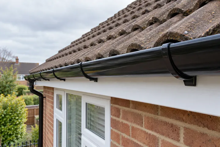 AI-generated illustrative example: Straight newly fitted black half-round gutter along white fascia beneath a British tiled roof, side perspective