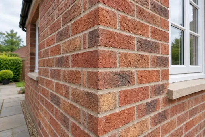 AI-generated illustrative example: Architectural close-up of a neatly repointed external brick corner, alternating stretcher and header pattern turning correctly around corner