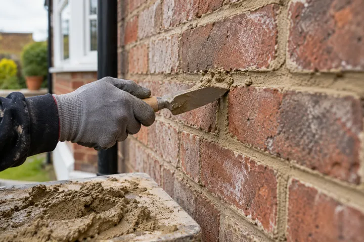 AI-generated illustrative example: Close view of one gloved hand carefully applying mortar to a brick wall joint with a small pointing trowel, correct believable hand and tool anatomy, ground-level work, no face