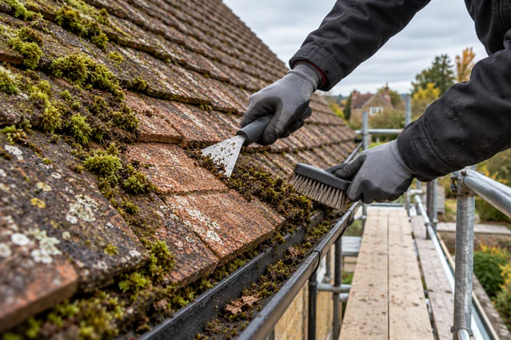 Illustration: Moss removal revealing the tile surface