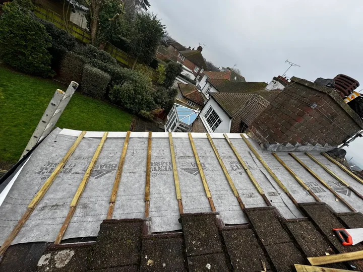 Roof battens and membrane at the eaves — supplied photograph